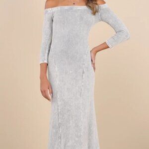 LuLus Remarkably Cool Washed Grey Ribbed Off-the-Shoulder Midi Dress - Medium